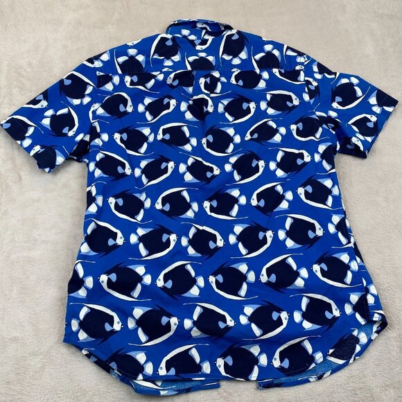 Old Navy Mens Shirt Medium Slim Fit Flex Blue Tropical Fish Casual Short Sleeve - Picture 6 of 6